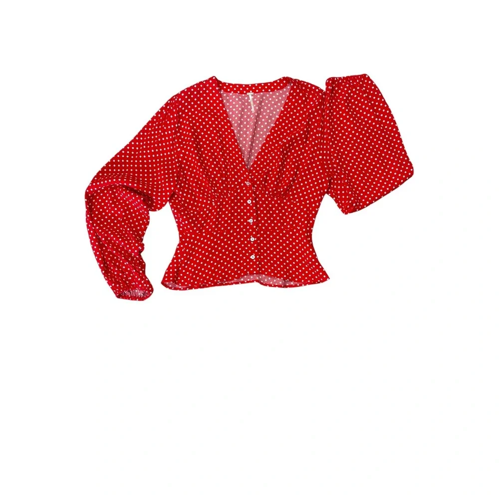 Free People Love Street Red Polka Dot Top S Puff Sleeve Peplum Feminine Retro